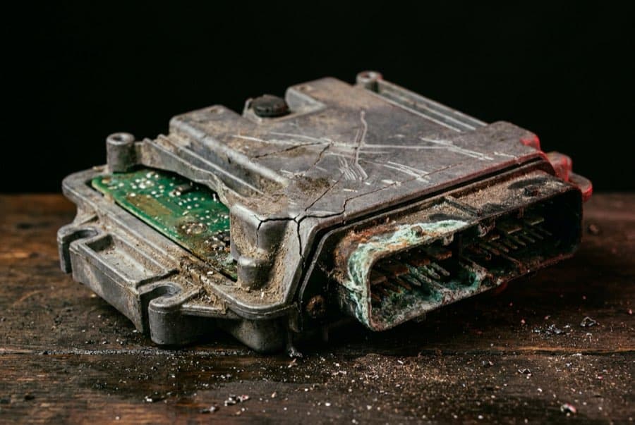Illustrative example: Corroded control module beside a new programmed unit, before